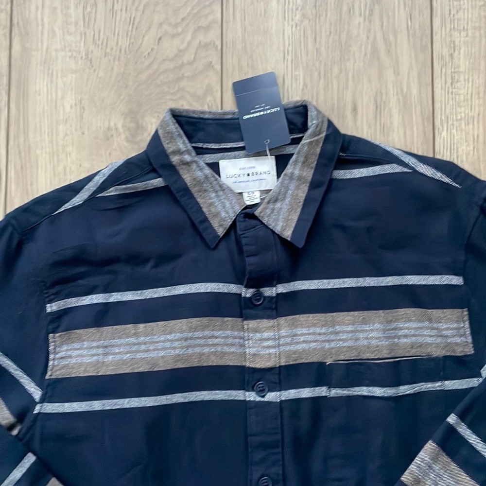 NWT Lucky Brand Blue, Brown and Gray Stipped Button Down Shirt